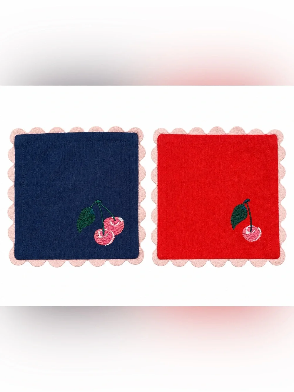 Anthropologie Cherry Embroidered Red & Navy Scalloped Coasters Set of 2